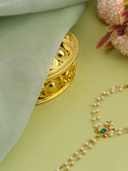 Ruby Raang Gold Hand Accessory With Green- White Kundan And Pearls | Grocsy