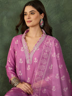 The52 Women's Gorgeous Rayon Fabric Printed Work Straight Kurta Pant and Dupatta Set-Onion | Grocsy