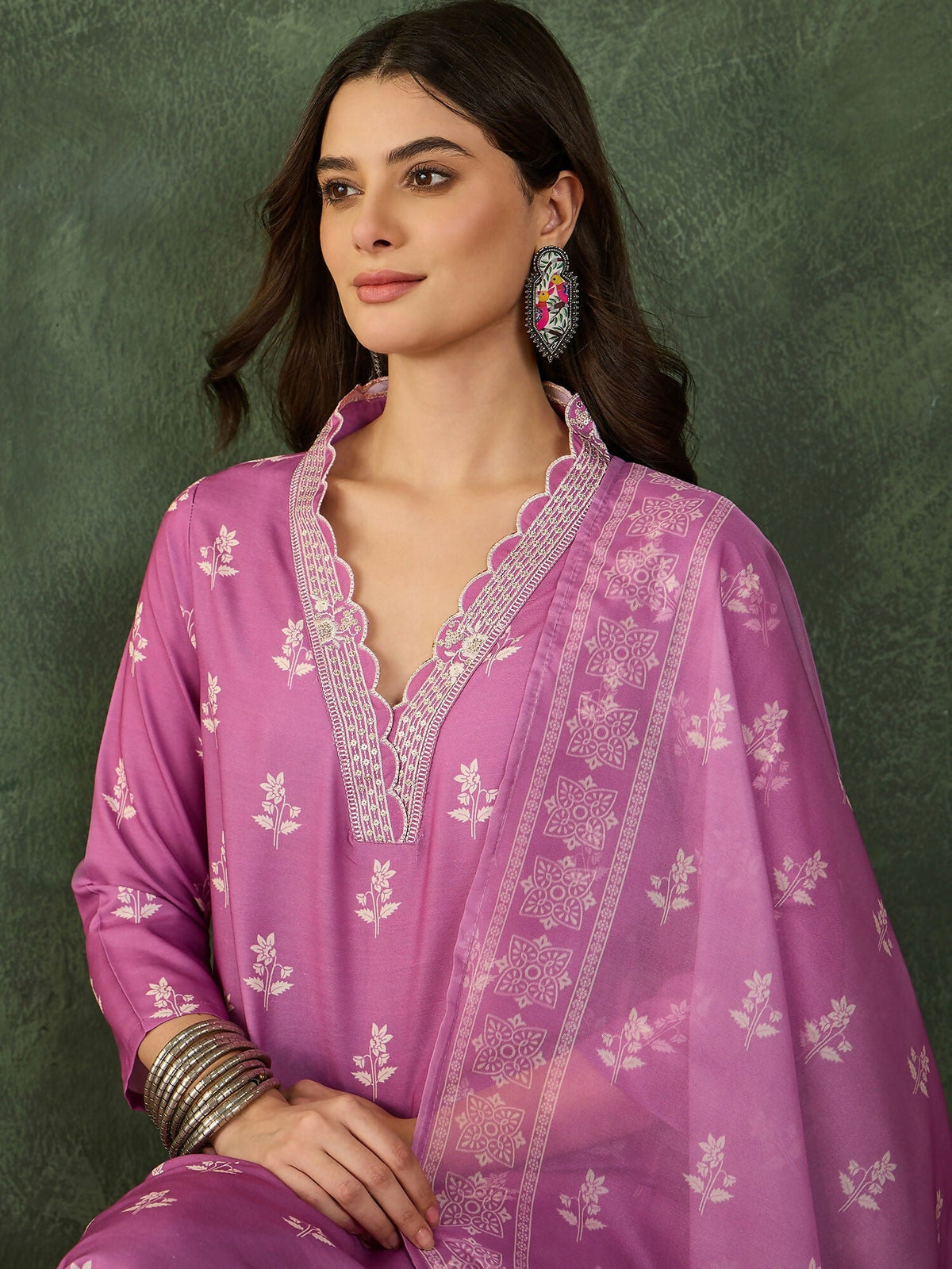 The52 Women's Gorgeous Rayon Fabric Printed Work Straight Kurta Pant and Dupatta Set-Onion | Grocsy