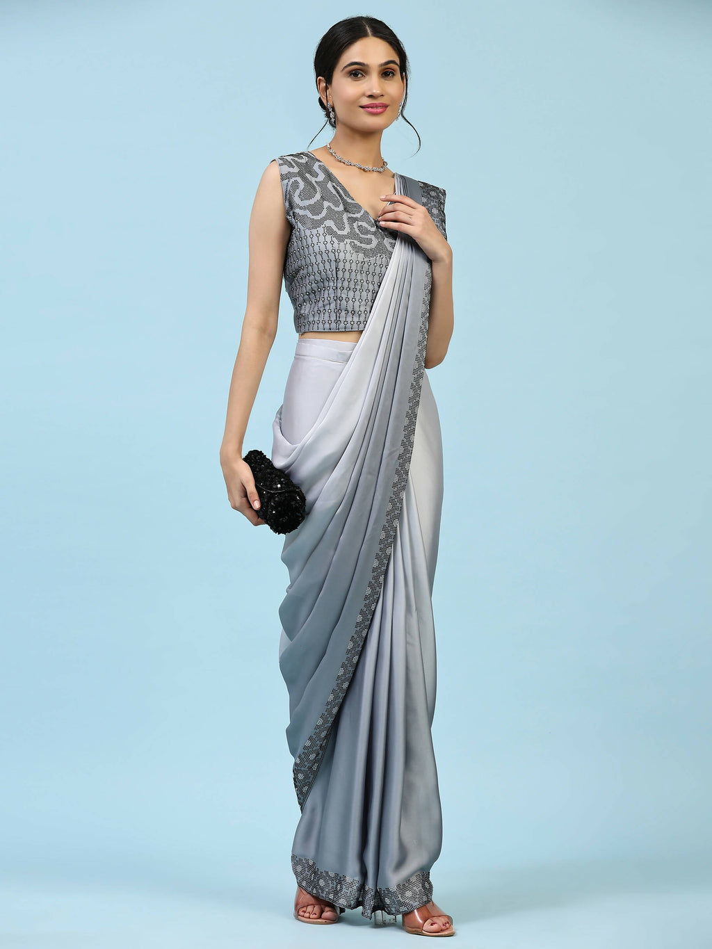 Grey Ombre Satin Georgette Plain Ready to wear Saree with stitched Blouse - Vrinda | Grocsy
