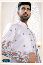 Joban Fashion Men's White Straight Silk Thread And Sequence Embroidery All Over 3 Pc Kurta Set | Grocsy