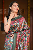 Very Much Indian Handloom Pure Tussar Silk With Floral Prints - Green | Grocsy