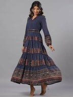 Juniper Women Navy Blue Georgette Printed Tiered Maxi Dress | Grocsy