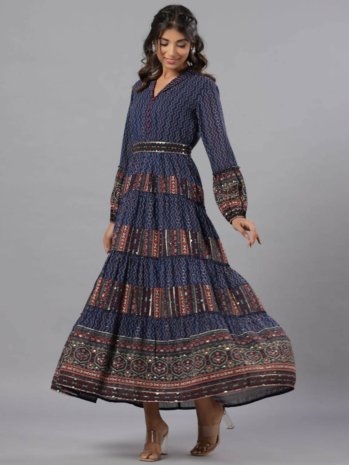 Juniper Women Navy Blue Georgette Printed Tiered Maxi Dress | Grocsy