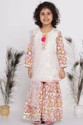 Little Bansi Girls Cotton Floral work Kurta with Floral Sharara & Dupatta - White | Grocsy