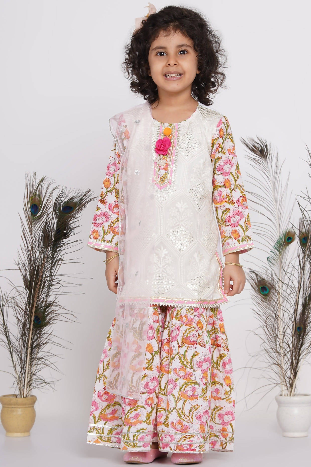Little Bansi Girls Cotton Floral work Kurta with Floral Sharara & Dupatta - White | Grocsy