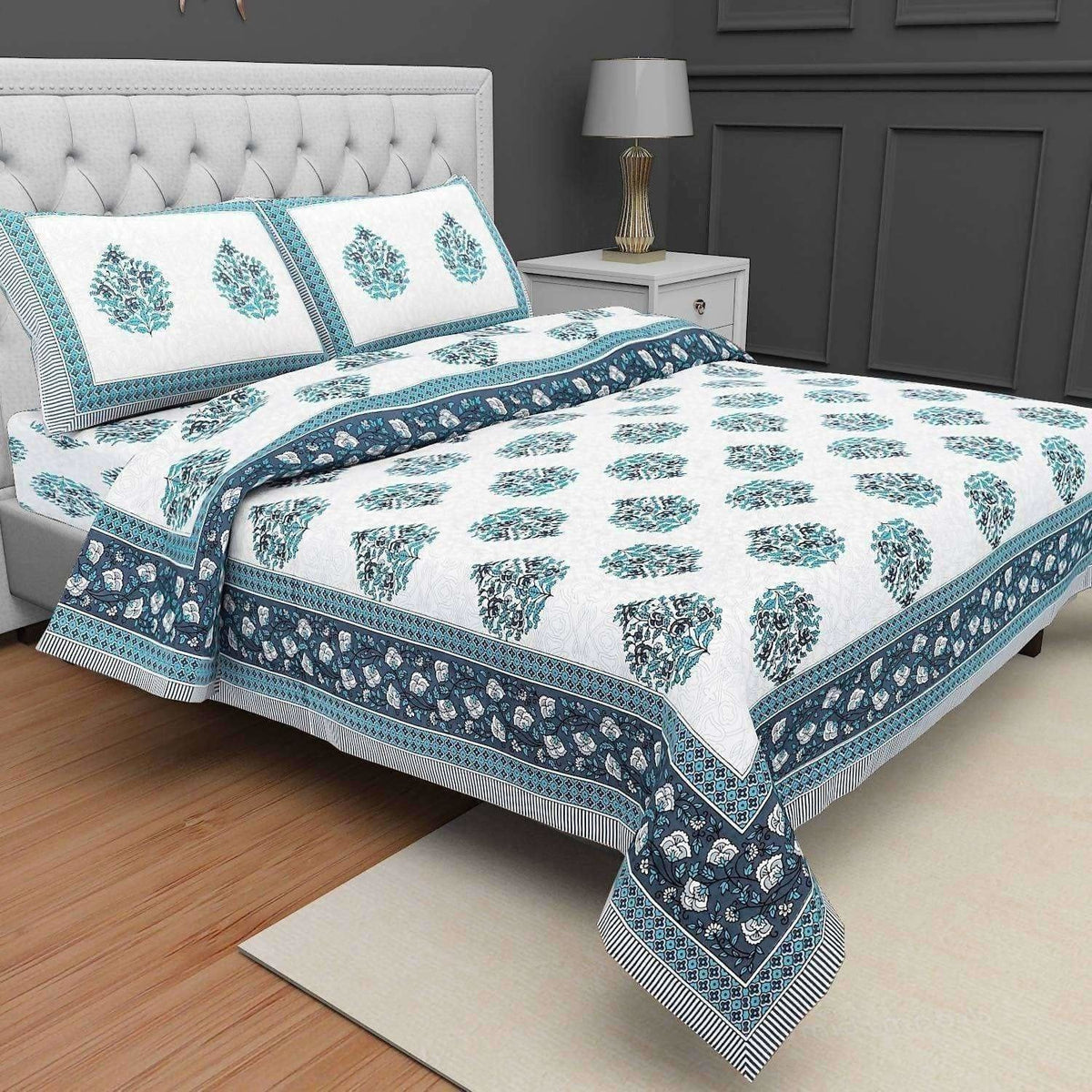Queen Size 230x270 Cms Jaipuri Hand Block Printed Traditional 144TC Cotton Bedsheet with 2 Pillow Covers | Grocsy