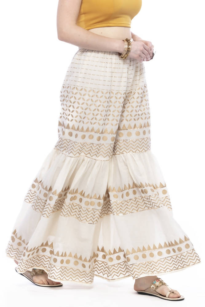 Mominos Fashion Cotton Off White Gold Print With Gota Sharara | Grocsy