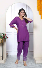 Miravan Women's Purple Solid Rayon Straight Co-Ord Set | Grocsy