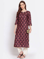 Myshka Women's Wine Printed Pashmeena 3/4 Sleeve Round Neck Casual Winter Kurta | Grocsy