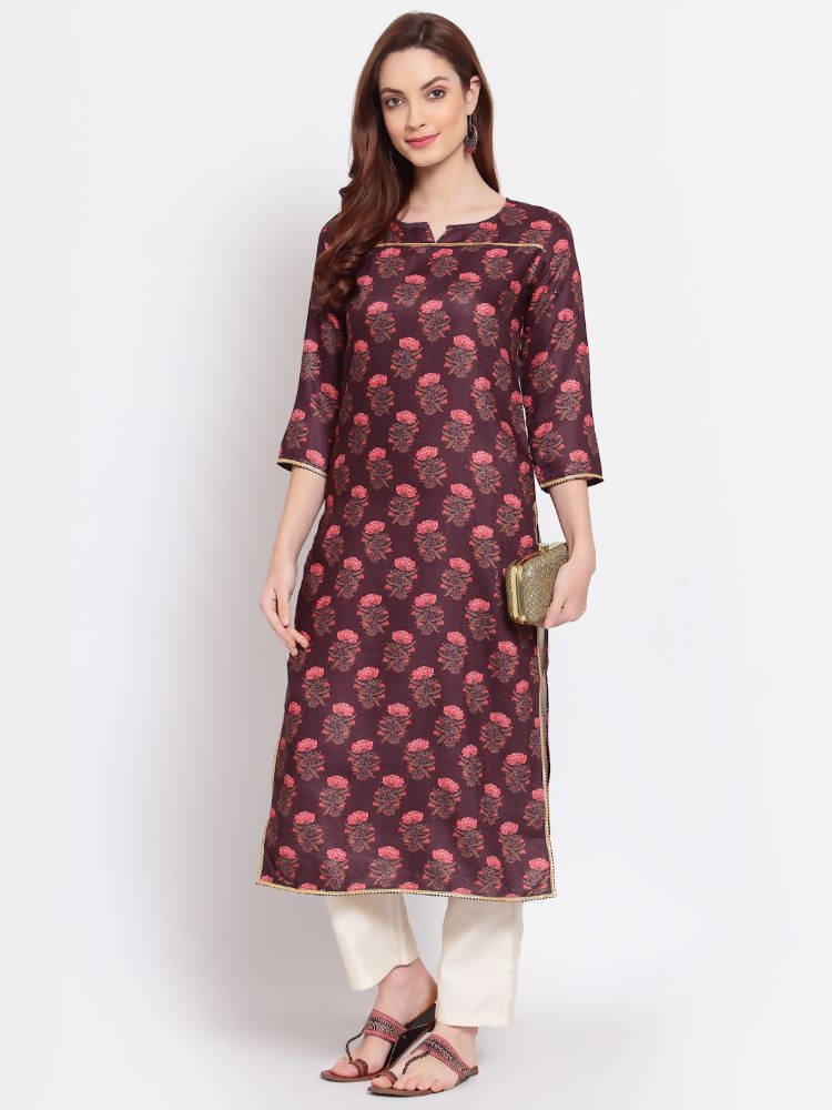 Myshka Women's Wine Printed Pashmeena 3/4 Sleeve Round Neck Casual Winter Kurta | Grocsy