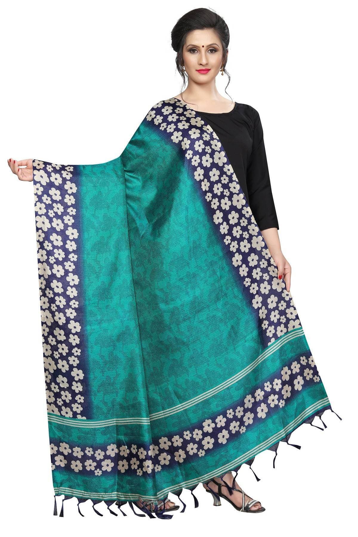 Vamika Rama Green Small Flowers Printed Khadi Bhagalpuri Traditional Dupatta | Grocsy