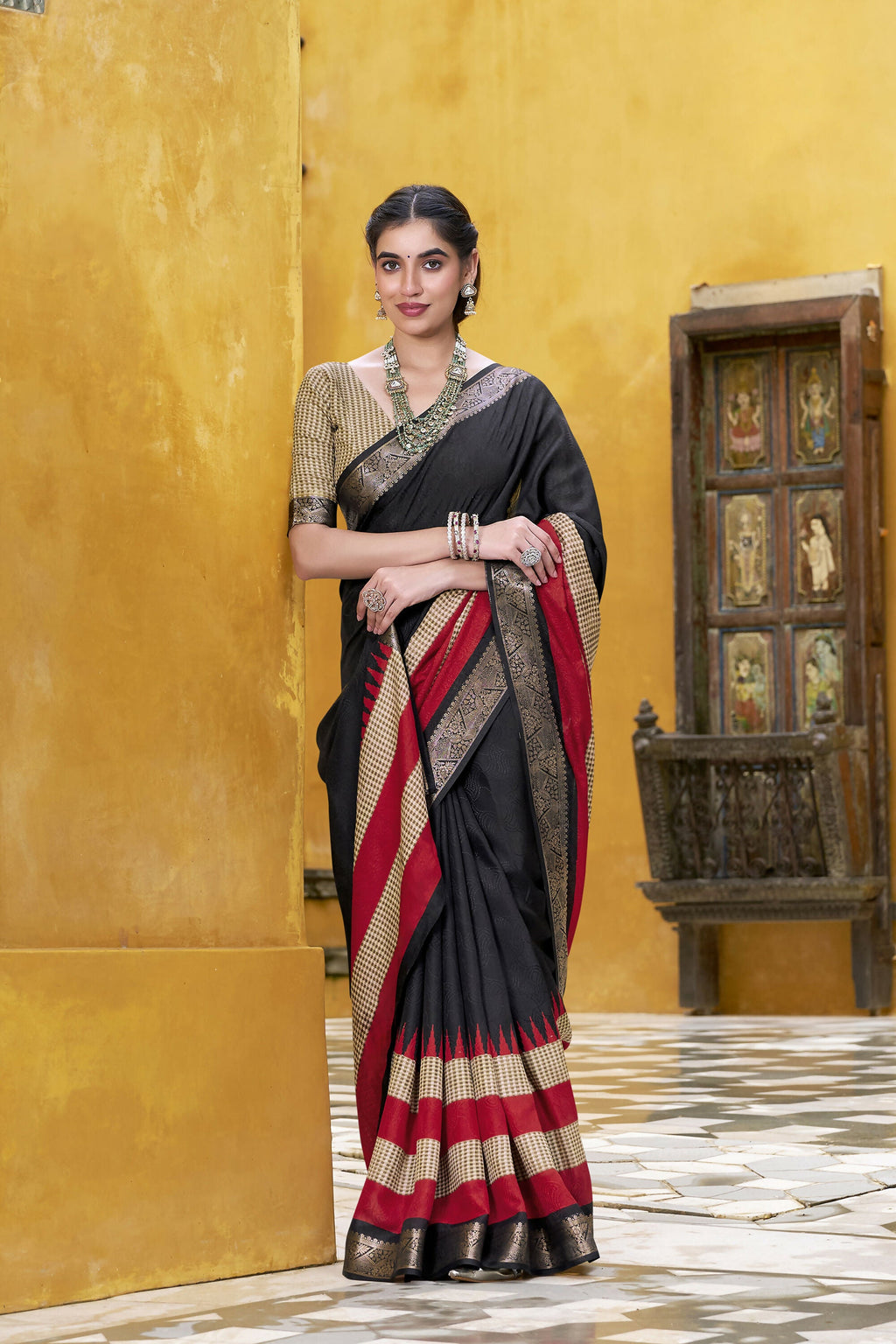 Vastranavya Black Printed with Zari Weaving Work Poly Cotton Saree & Unstitched Blouse | Grocsy