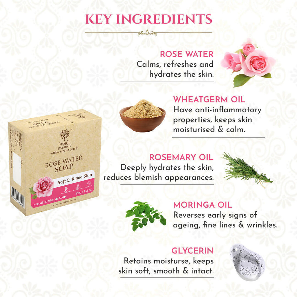 Khadi Essentials Rose Water Handmade Herbal Soap | Grocsy