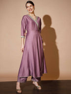 Myshka Women Mauve Solid Kurta & Palazzos With Dupatta | Grocsy