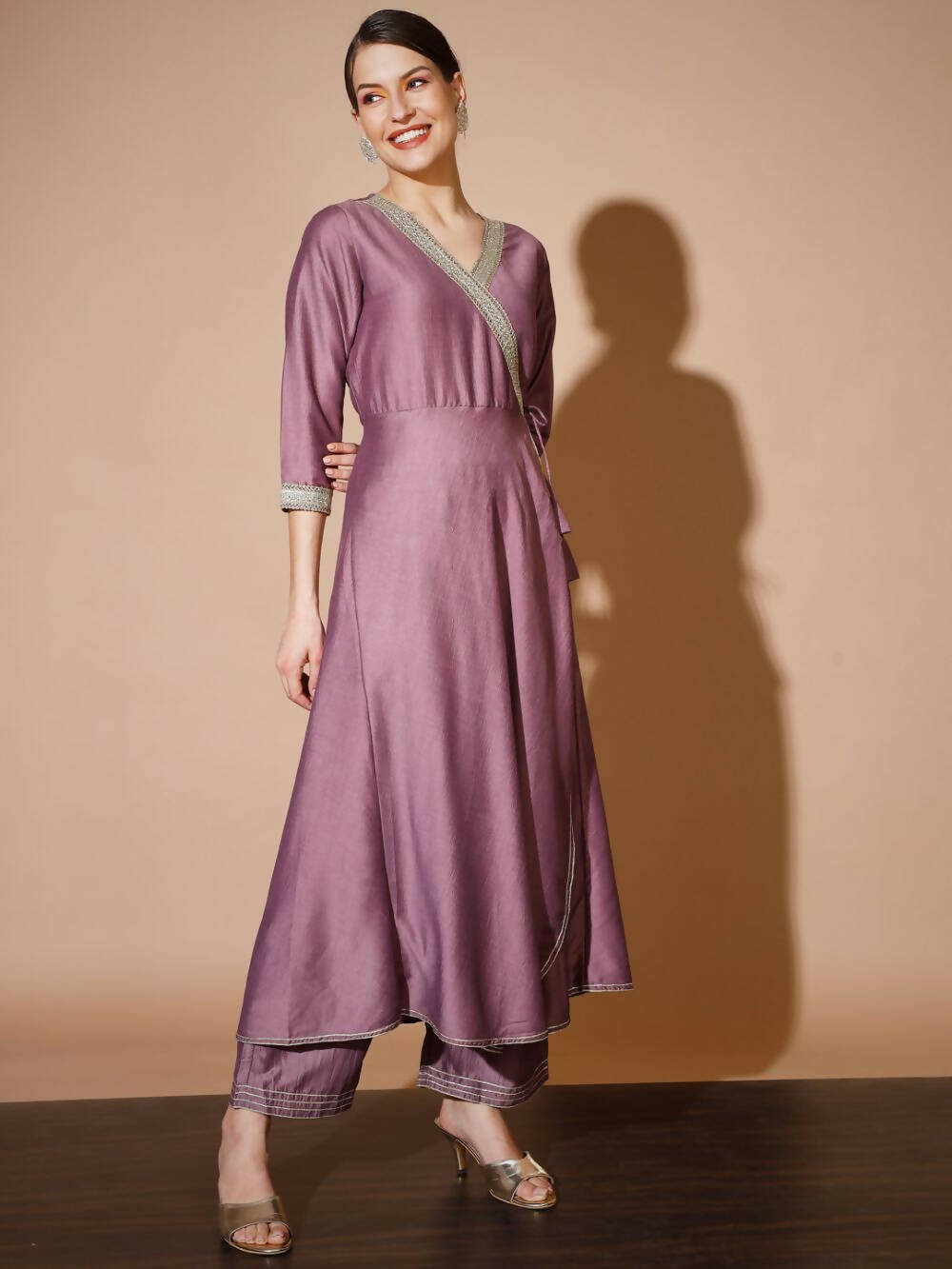 Myshka Women Mauve Solid Kurta & Palazzos With Dupatta | Grocsy