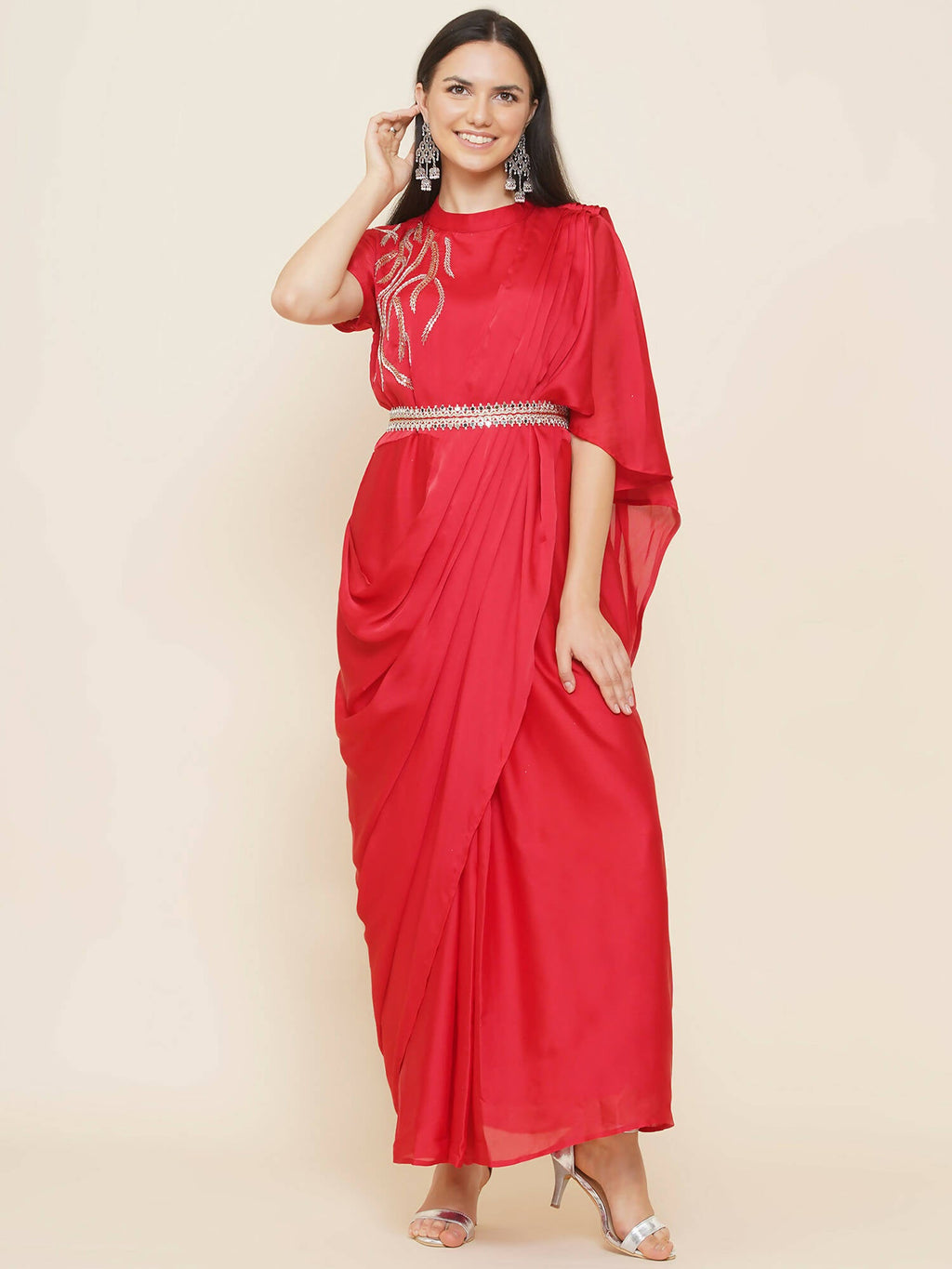 Women Republic Red Hand Embelleshed Gown With Drape | Grocsy