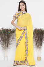 Little Bansi Floral Print Ready To Wear Saree And Floral Blouse - Yellow | Grocsy
