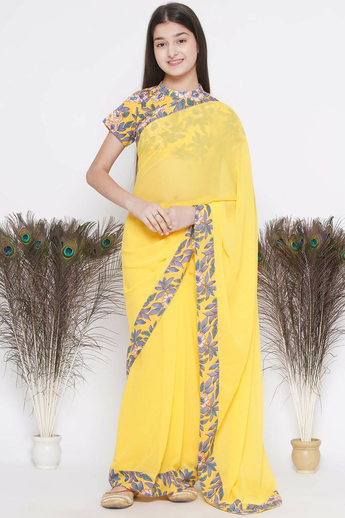 Little Bansi Floral Print Ready To Wear Saree And Floral Blouse - Yellow | Grocsy