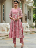 Aramya Anarkali Soft Cotton Block Print Women's Kurta - Pink | Grocsy