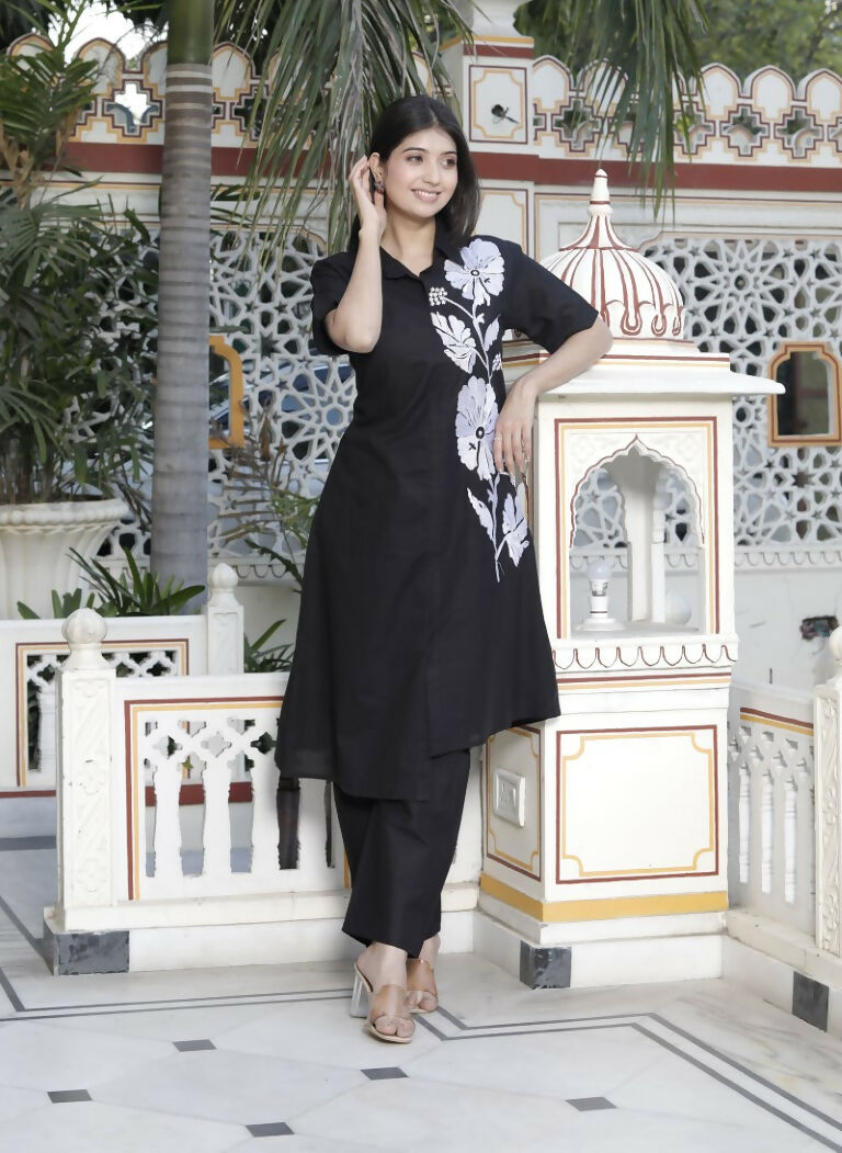 Miravan Women's Black Pure Cotton Floral Embroidered High Low Co-Ord Set | Grocsy