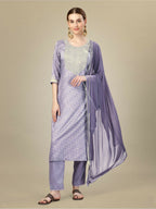 Jyoti Fashion Women's Lavender Silk Blend Embroidery & Sequence work Kurta with Trouser & Dupatta | Grocsy