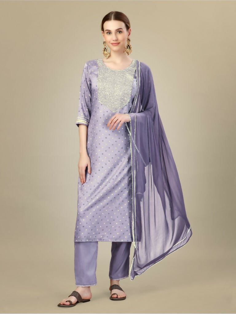 Jyoti Fashion Women's Lavender Silk Blend Embroidery & Sequence work Kurta with Trouser & Dupatta | Grocsy