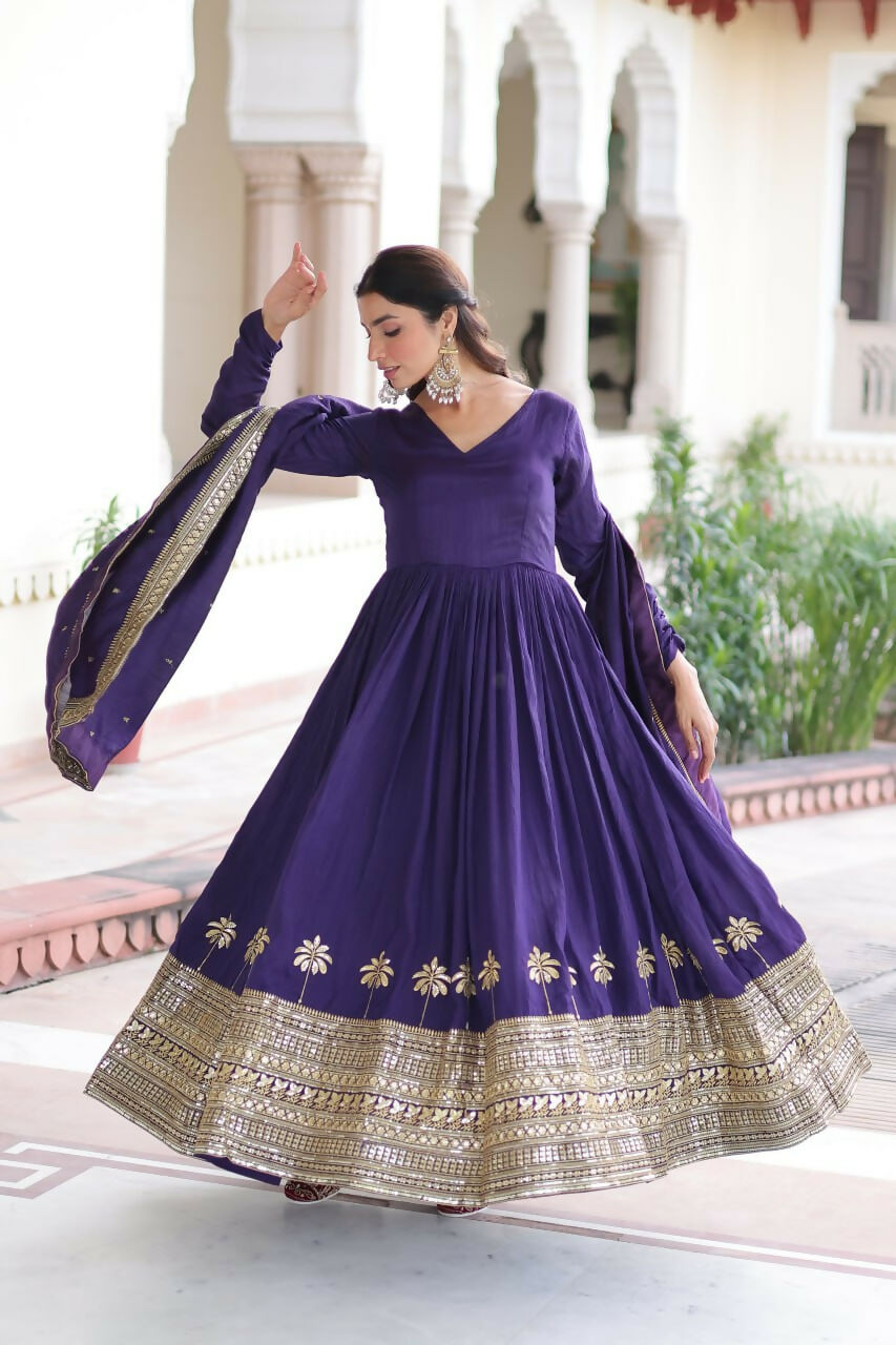 Teeya Creation Womens New Fancy Vichitra Silk With Rich Sequins Embroidered Work Gown Set | Grocsy