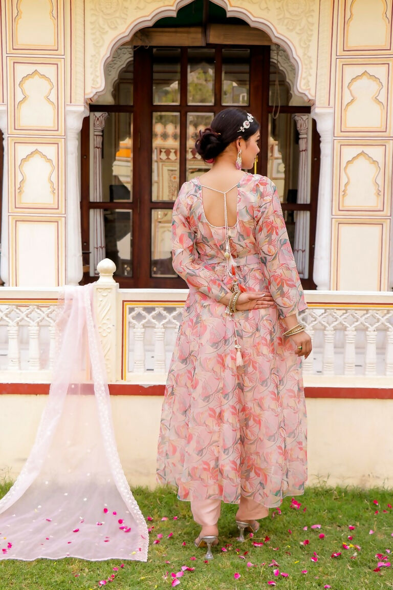 Vaasva Women White Organza Floral Print & Embroidered Anarkali Kurta, Pant & Dupatta set | Grocsy