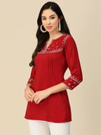 Red Chinon Floral Embroidered Top - Zeny | Grocsy
