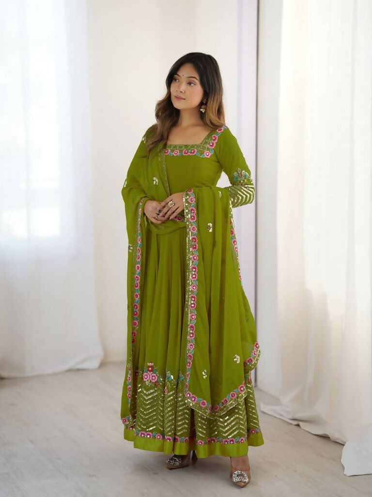 Teeya Creation Green Color Heavy Georgette Wedding Wear Embroidery Work Long Gown | Grocsy