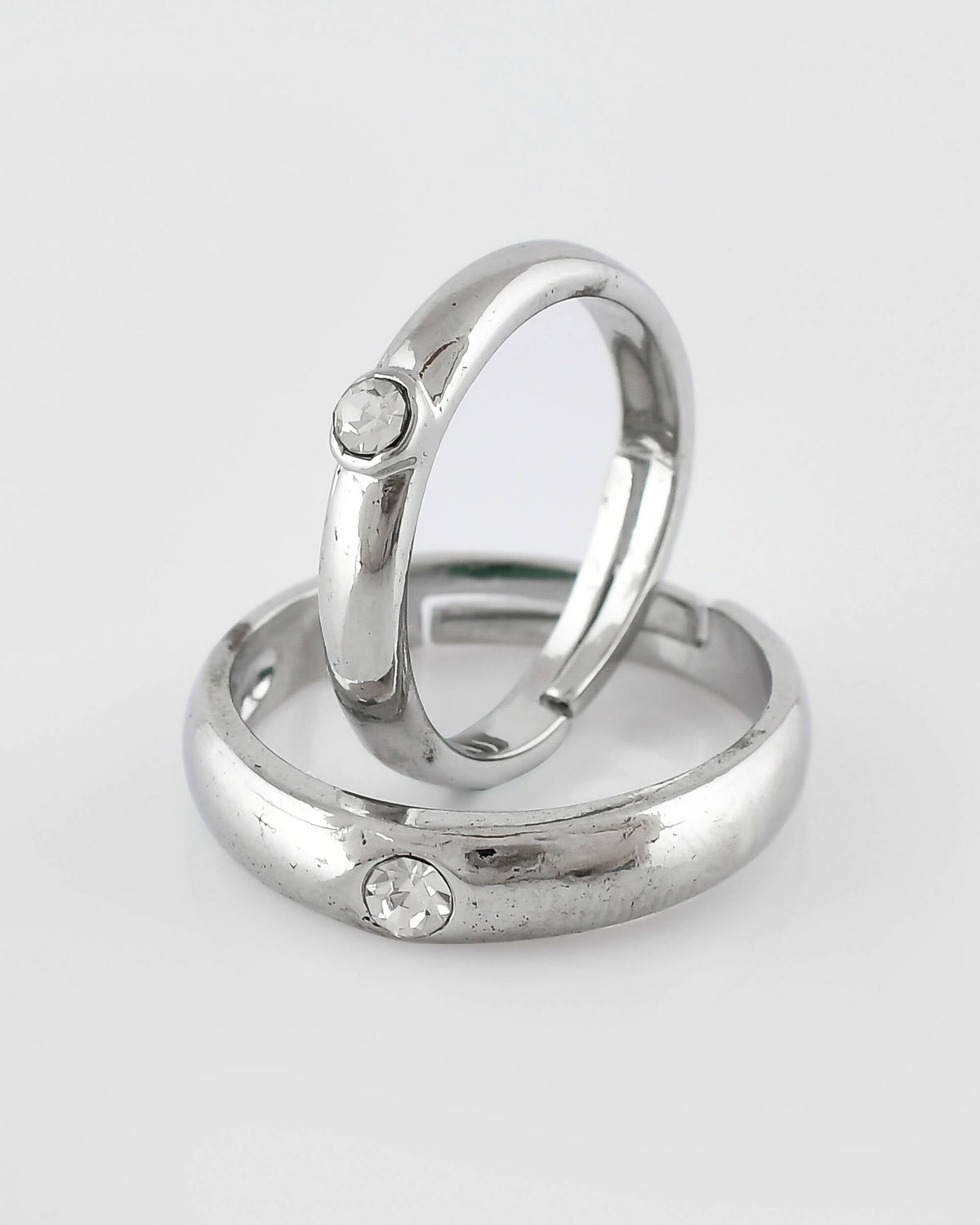 VOJ Stainless Steel Cubic Zirconia Silver Plated Adjustable Ring Set for Couple | Grocsy