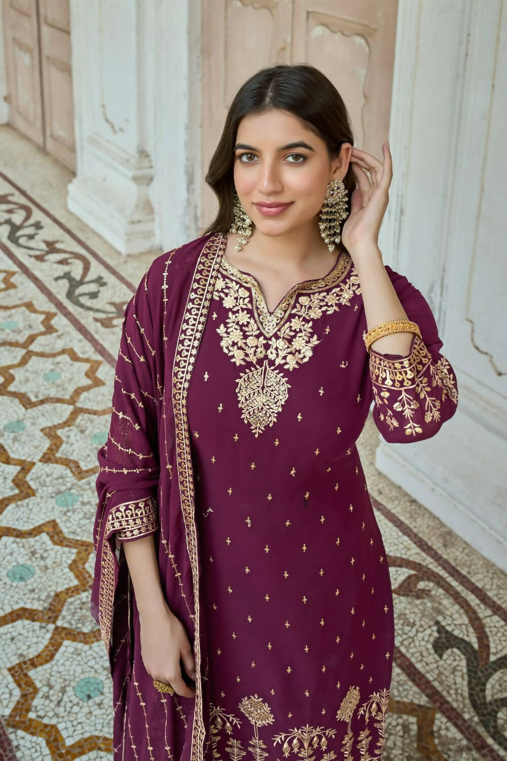 Wine Heavy Fox Georgette Embroidered Semi Stitched Suit - Dhvani | Grocsy