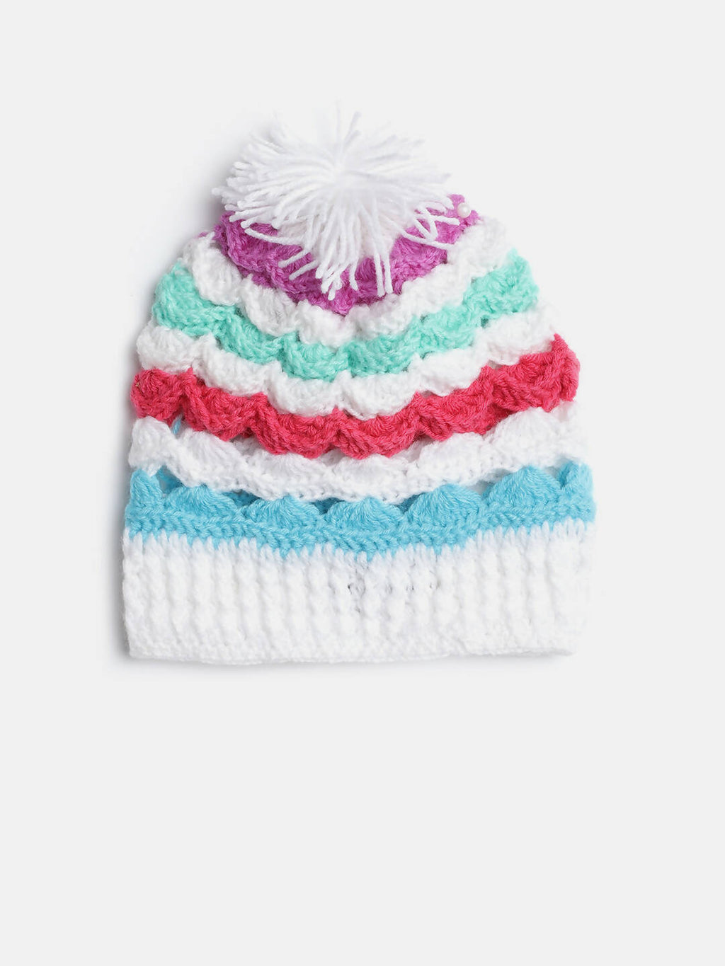 Chutput Kids Woollen Hand Knitted Striped Design Detailed Bobble Cap - Multi | Grocsy