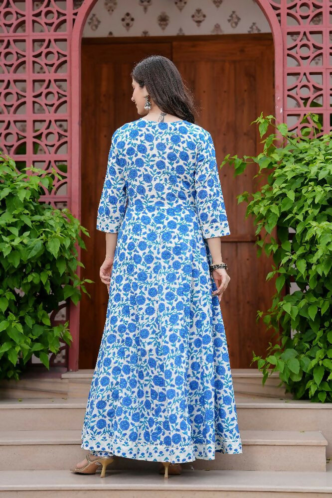 Jaimini Women Cotton Printed Round Neck Calf Length Flared Kurta Pant And Dupatta Set | Grocsy