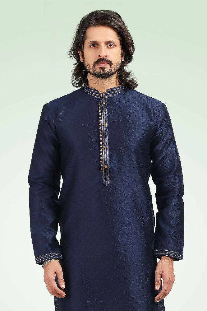 Raivat Ethnic Jacquard Banarasi Silk Pintux Work Kurta Pajama In Blue Colour | Grocsy