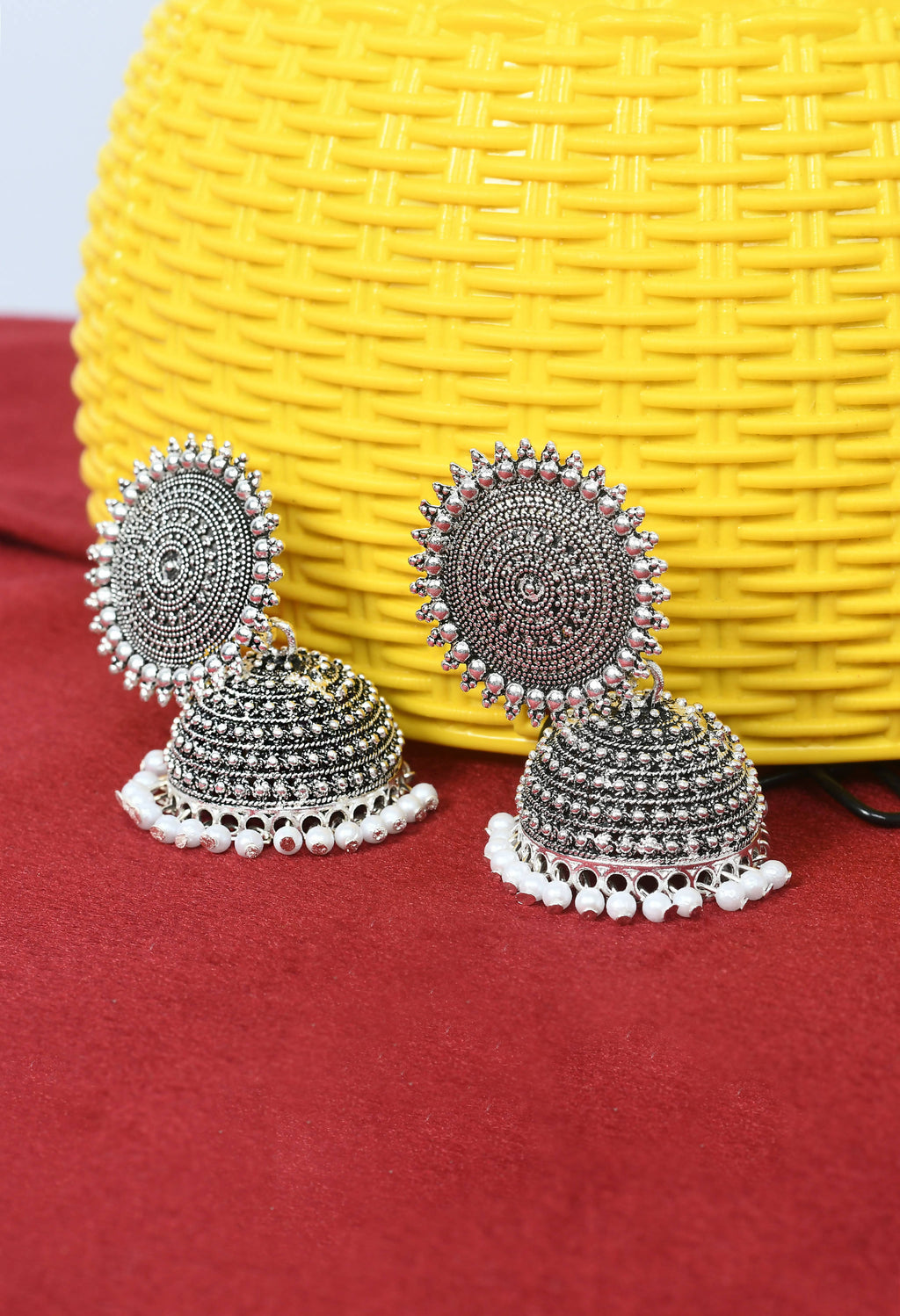Mominos Fashion Johar Kamal Silver Color Jhumkas With White Pearls Earrings