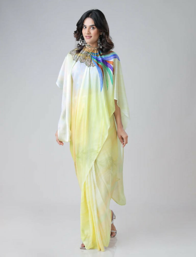 Vastranavya Ombre Yellow Multi-Color Leaves Mandalaa Print Freehand Ready to Wear Saree | Grocsy