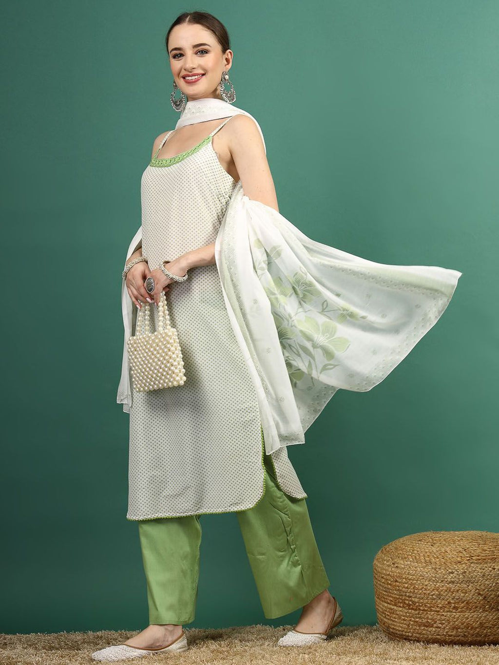 Sangria White Geometric Printed Shoulder Straps Mirror Work Kurta & Palazzos With Dupatta | Grocsy