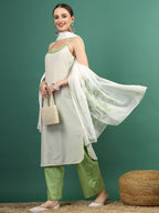 Sangria White Geometric Printed Shoulder Straps Mirror Work Kurta & Palazzos With Dupatta | Grocsy
