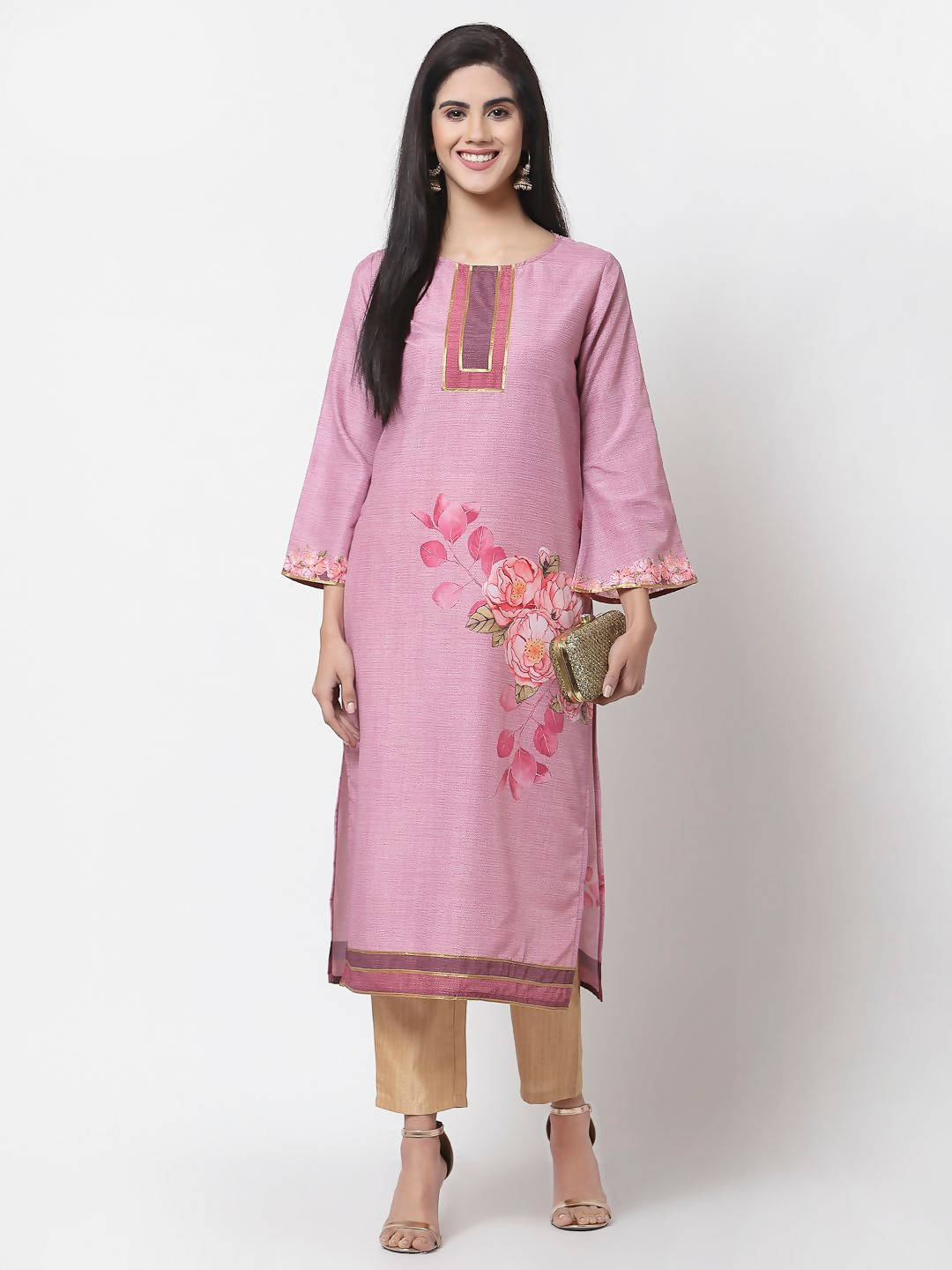 Myshka Pink Cotton Printed Full Sleeve Round Neck Casual Kurta | Grocsy