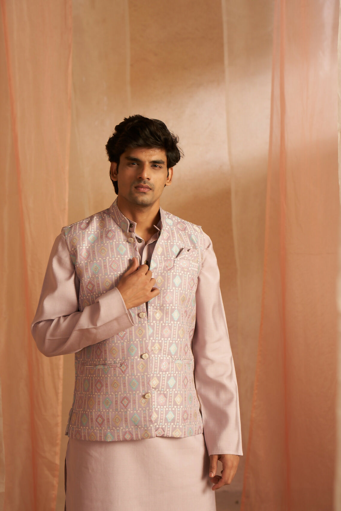 Purple Viscose Designer Printed Men's Kurta Set with Koti - Mahotsav | Grocsy