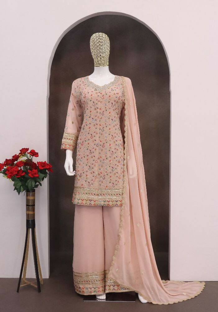 Anaita Peach Embroderied Faux Georgette Stitched Plazzo Suit | Grocsy