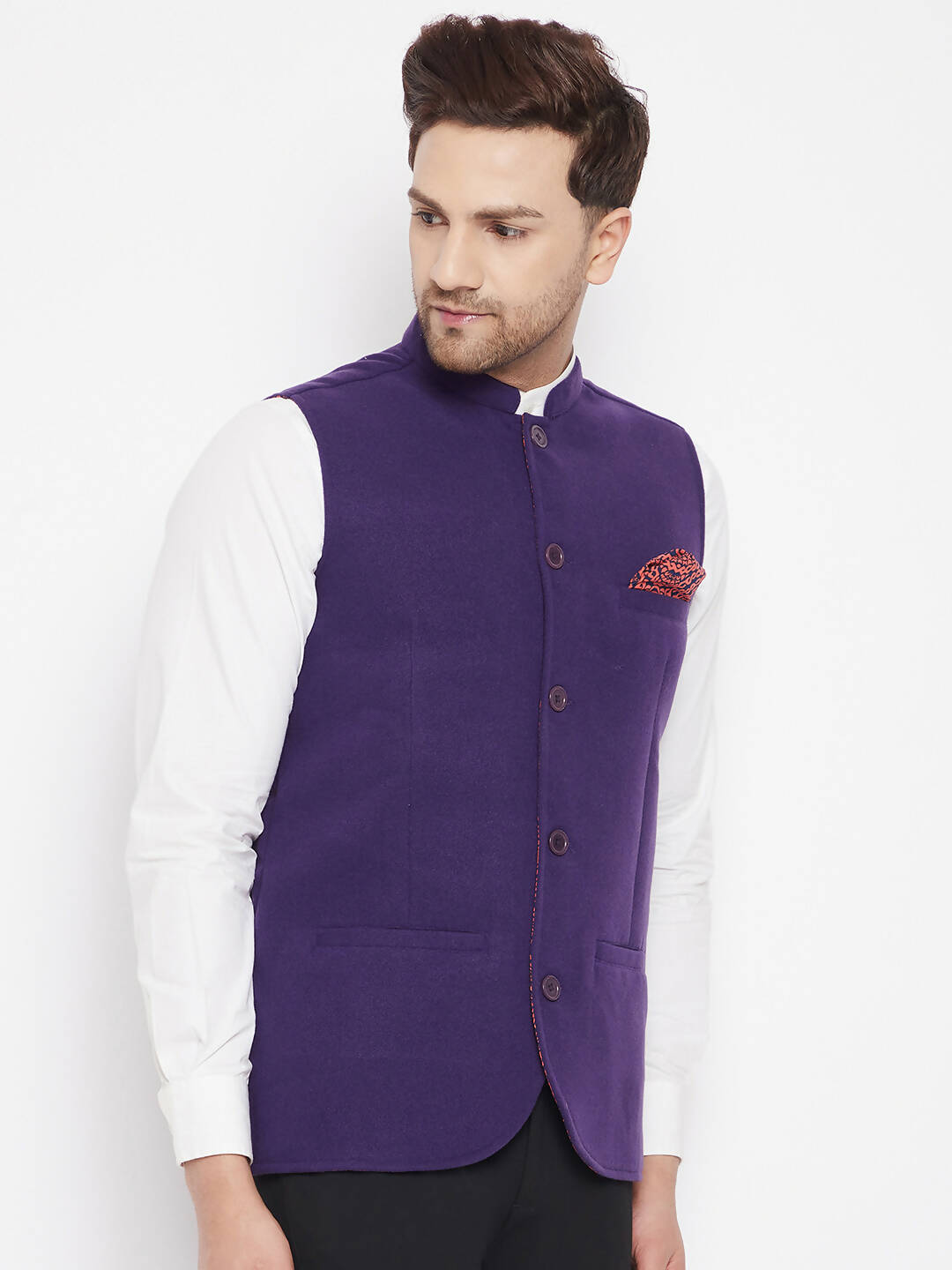 Even Apparels Purple Wool Men's Nehru Jacket-Contrast Lining-Inbuilt Pocket Square | Grocsy