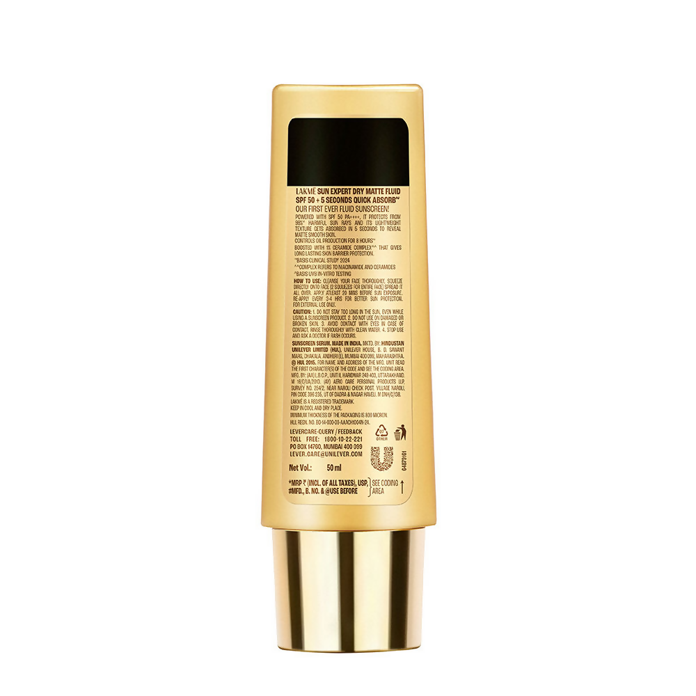 Lakme Sun Expert Dry Matte Fluid SPF 50 PA++++ Sunscreen With 1% Niacinamide & Ceramide | Grocsy