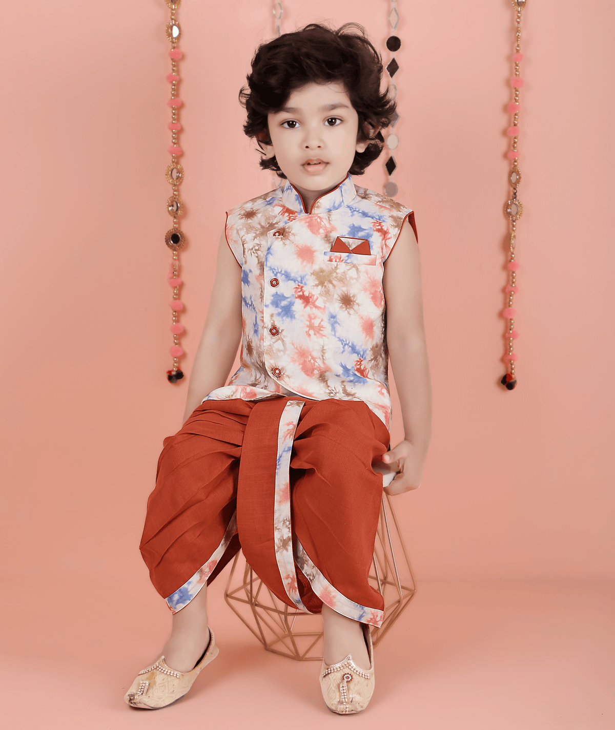 Joban Fashion Kids Island Cotton Sleeveless printed Kurta and Solid Dhoti - Rust | Grocsy