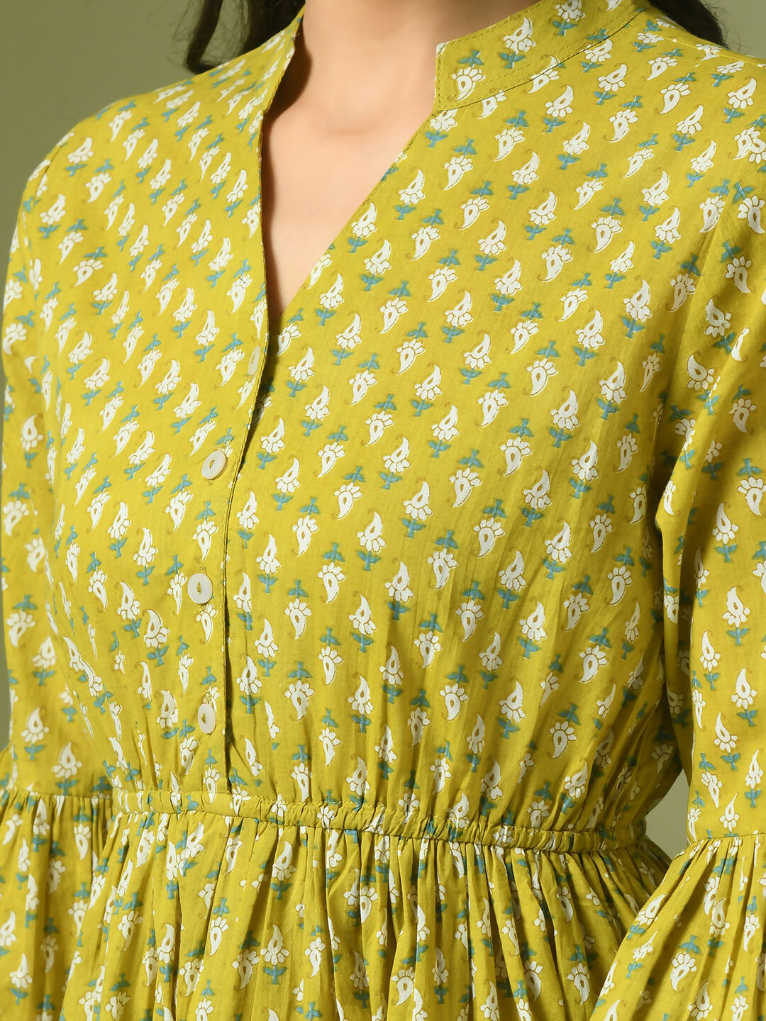 Myshka Women's Yellow Embellished Cotton Gathered Party Empire Top | Grocsy