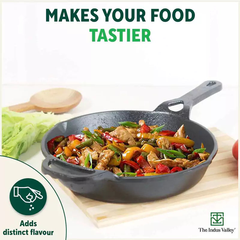 The Indus Valley CASTrong Cast Iron Fry Pan/Skillet, Pre-seasoned, Nonstick, 100% Pure, Toxin-free, Induction,Spatula, 25.4cm, 1.7L, 2.3kg | Grocsy