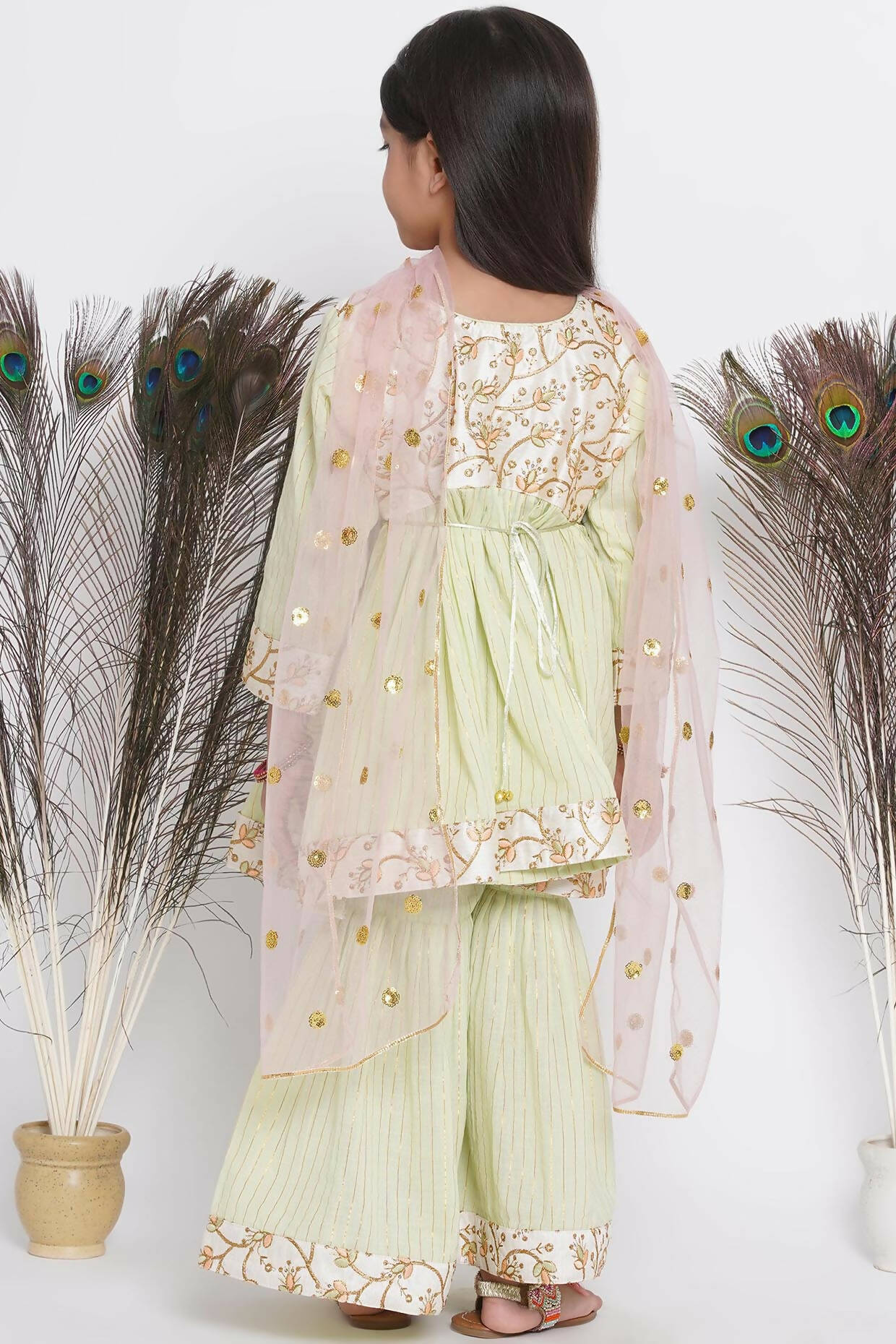 Little Bansi Floral Embroidery Jacket With Cotton Lurex Frock Sharara And Dupatta With Ghungroo Handwork - Bottle Green | Grocsy