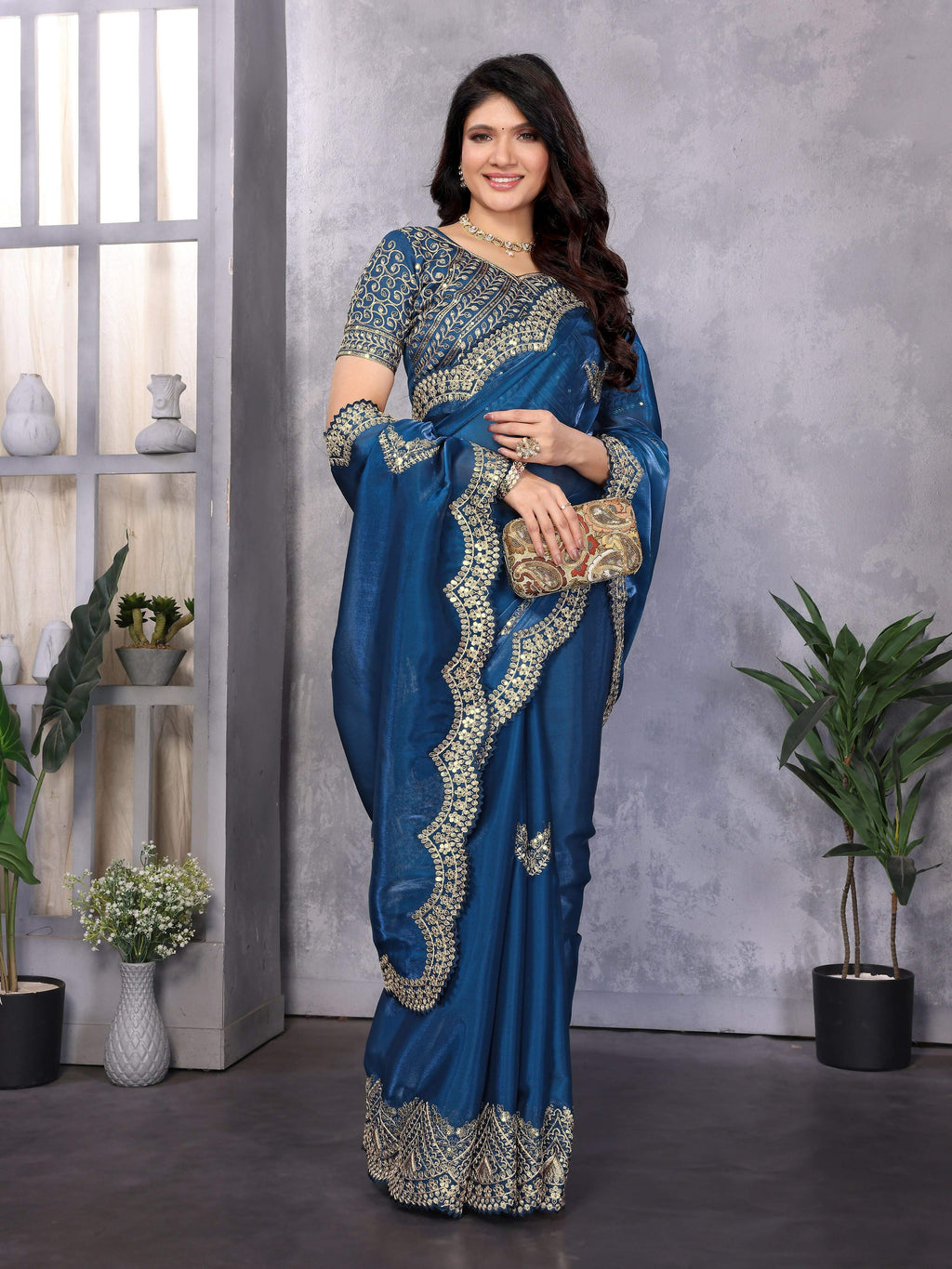 Vastranavya Blue Embroidery Work Shimmer Chiffon Saree with Unstitched Blouse | Grocsy